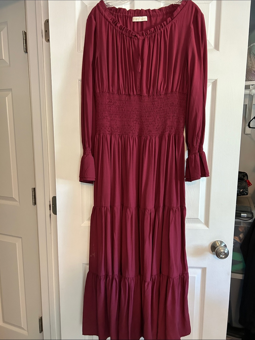 Women’s Burgundy Long-Sleeve Tiered Maxi Dress with Smocked Waist